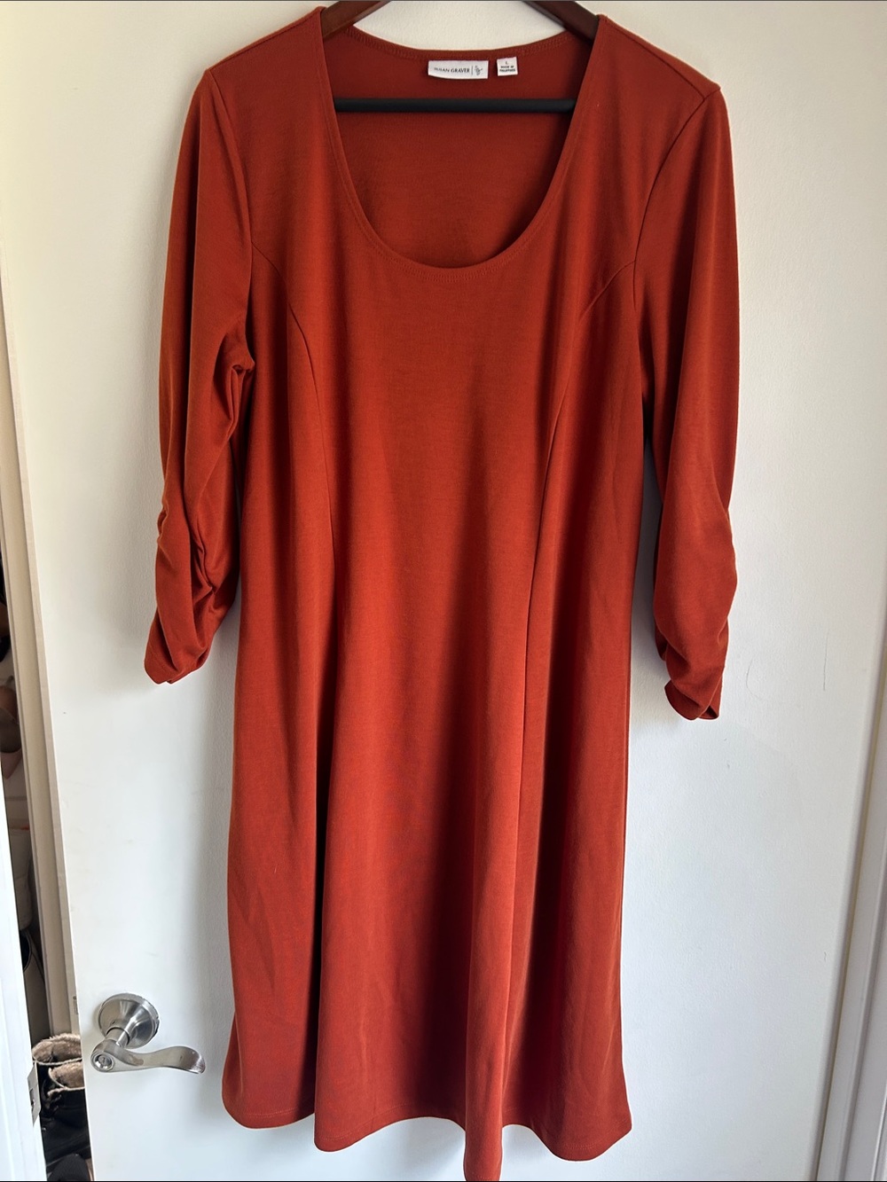 Eileen Fisher Rust-Tone Scoop Neck Long Sleeve Dress